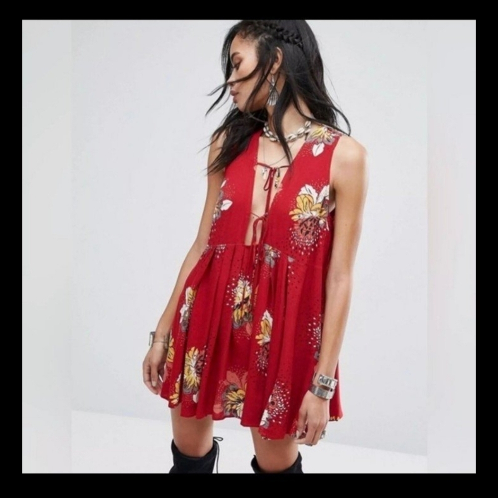 Free People Lovely Day Floral Printed Tunic Top Mini Dress in Red Size XS